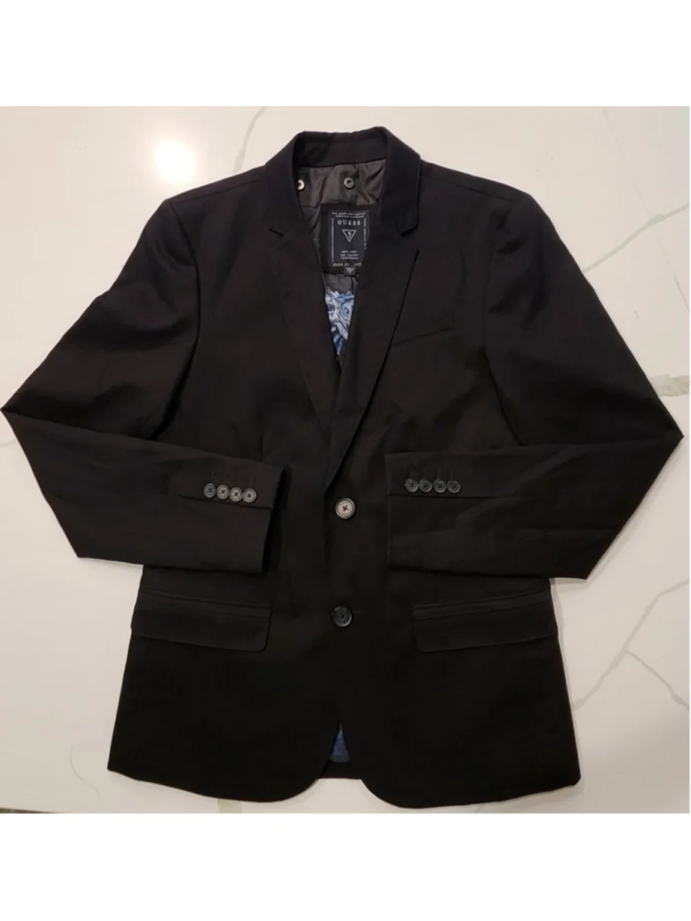 GUESS Mens Blazer Jacket S Black 2-Button Graphic Lining Slim Fit Sport Coat